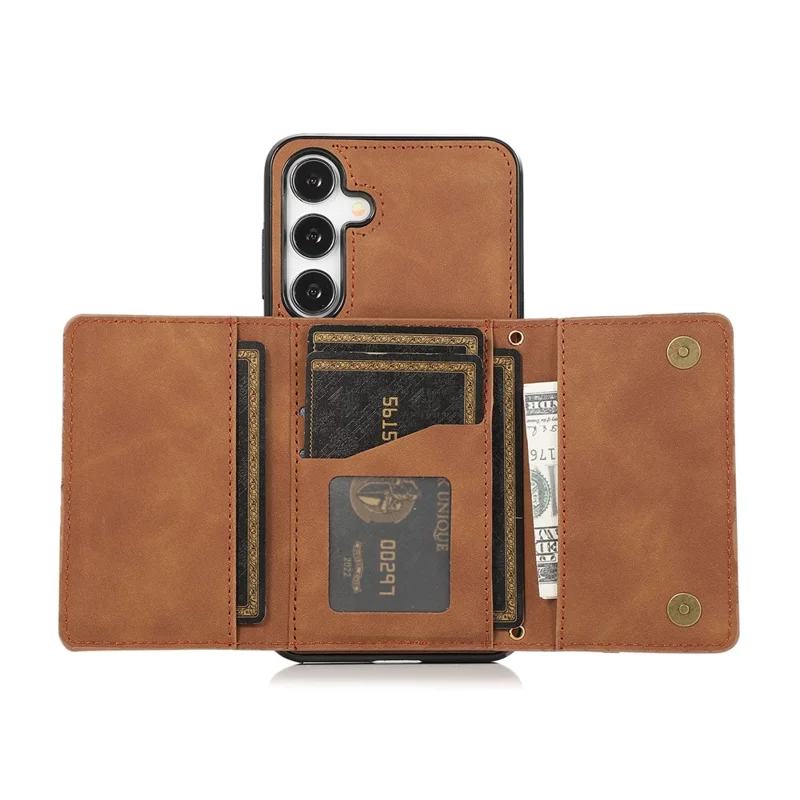 For Samsung Galaxy S26 Phone Case Tri-Fold Wallet Kickstand PU Leather + TPU Back Cover - Brown
