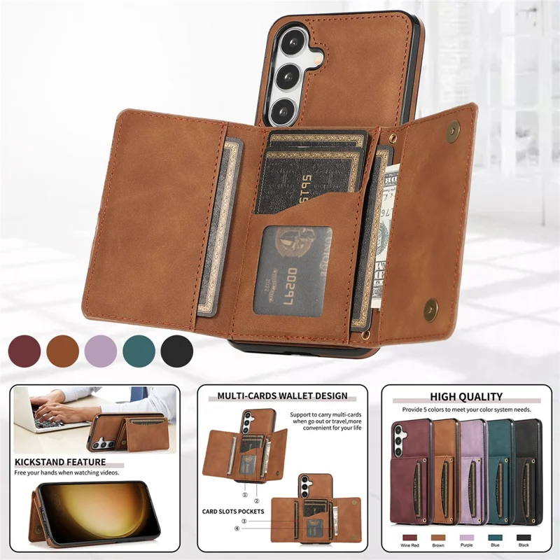 For Samsung Galaxy S26 Phone Case Tri-Fold Wallet Kickstand PU Leather + TPU Back Cover - Brown