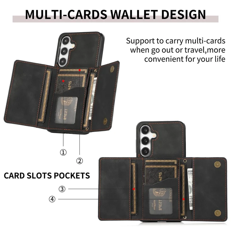 For Samsung Galaxy S26+ Phone Case Tri-Fold Wallet Kickstand PU Leather + TPU Back Cover - Black