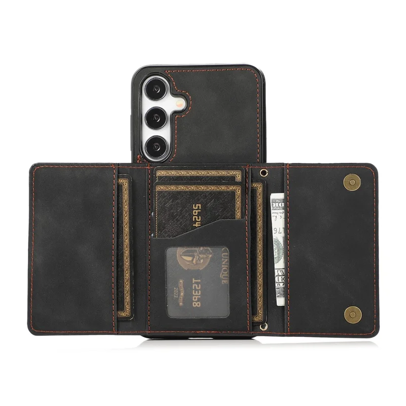 For Samsung Galaxy S26+ Phone Case Tri-Fold Wallet Kickstand PU Leather + TPU Back Cover - Black