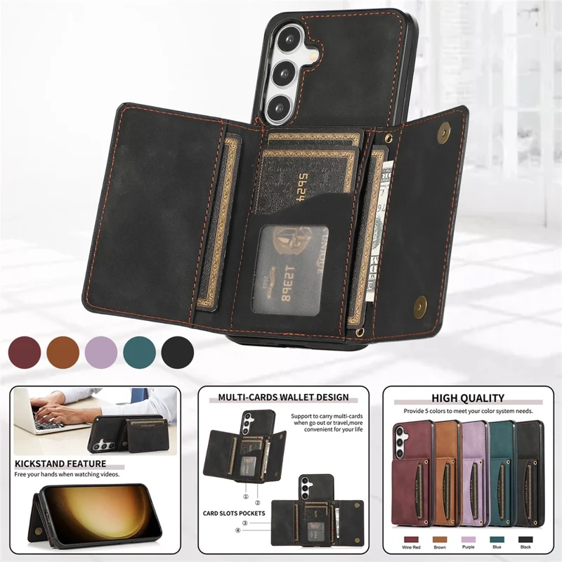 For Samsung Galaxy S26+ Phone Case Tri-Fold Wallet Kickstand PU Leather + TPU Back Cover - Black