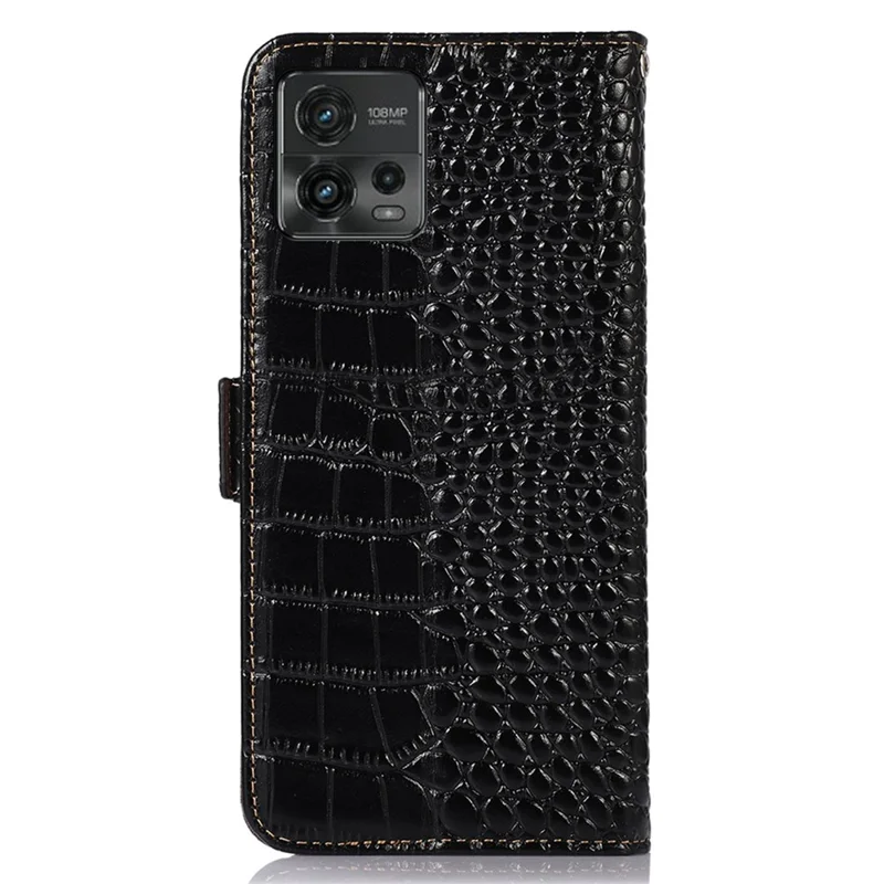 Etui na Motorola Moto G72 4G z wyciskiem pod krokodyla, z funkcją blokowania RFID, portfel z prawdziwej skórzynej skóry wołowej z podstawką, ochronne etui na telefon - Czarny