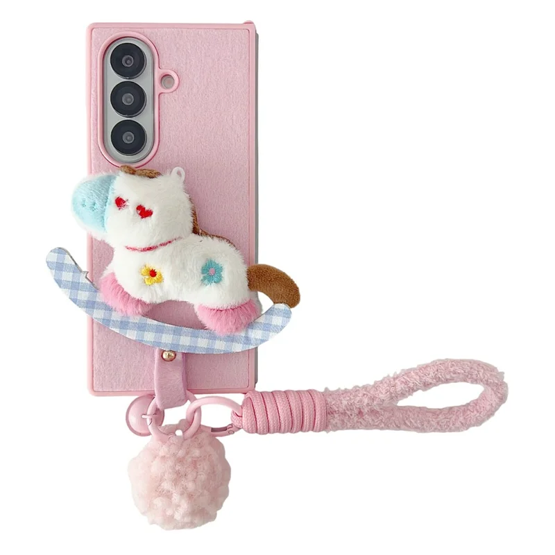 For Samsung Galaxy Z Fold7 5G Case Plush Animal TPU PC Phone Cover with Wrist Strap and Pom-pom Bell - Pink