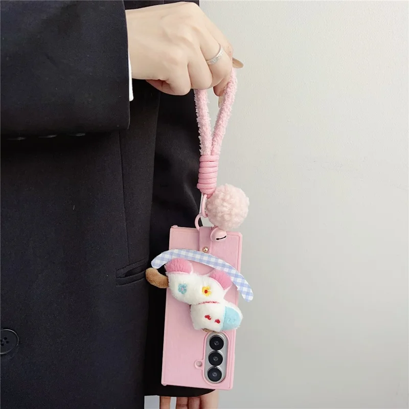 For Samsung Galaxy Z Fold7 5G Case Plush Animal TPU PC Phone Cover with Wrist Strap and Pom-pom Bell - Pink