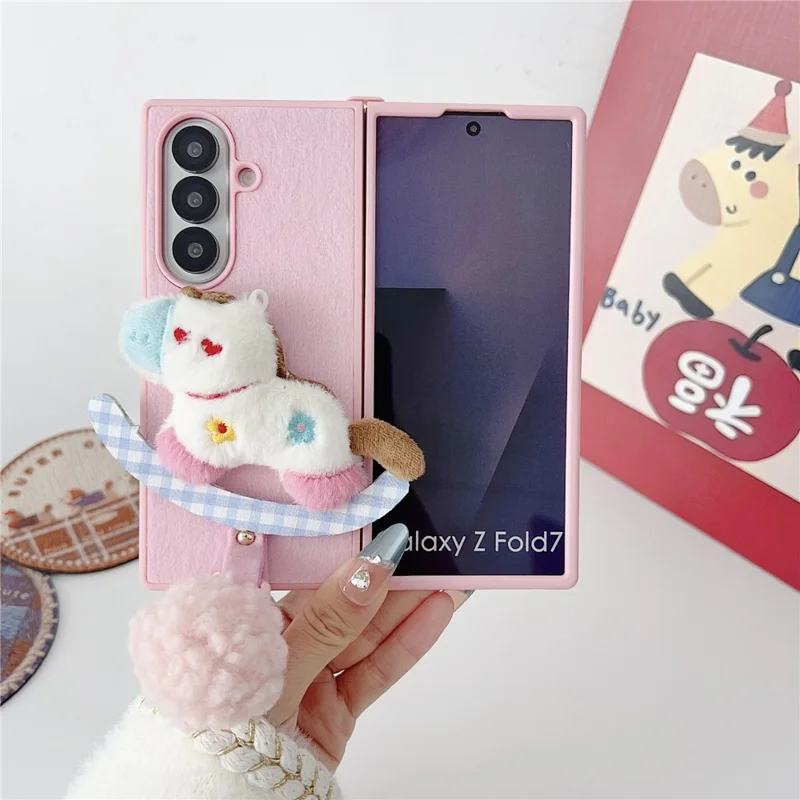 For Samsung Galaxy Z Fold7 5G Case Plush Animal TPU PC Phone Cover with Wrist Strap and Pom-pom Bell - Pink