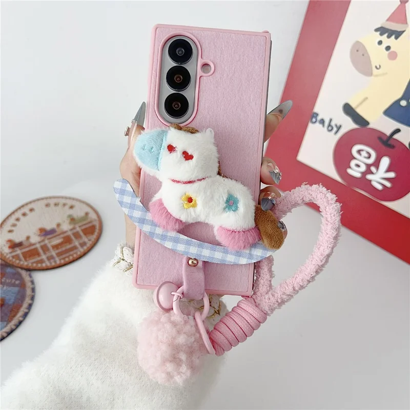 For Samsung Galaxy Z Fold7 5G Case Plush Animal TPU PC Phone Cover with Wrist Strap and Pom-pom Bell - Pink