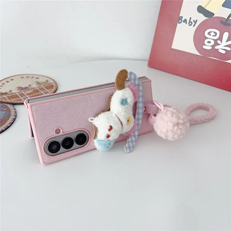 For Samsung Galaxy Z Fold7 5G Case Plush Animal TPU PC Phone Cover with Wrist Strap and Pom-pom Bell - Pink
