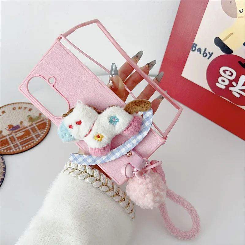 For Samsung Galaxy Z Fold7 5G Case Plush Animal TPU PC Phone Cover with Wrist Strap and Pom-pom Bell - Pink