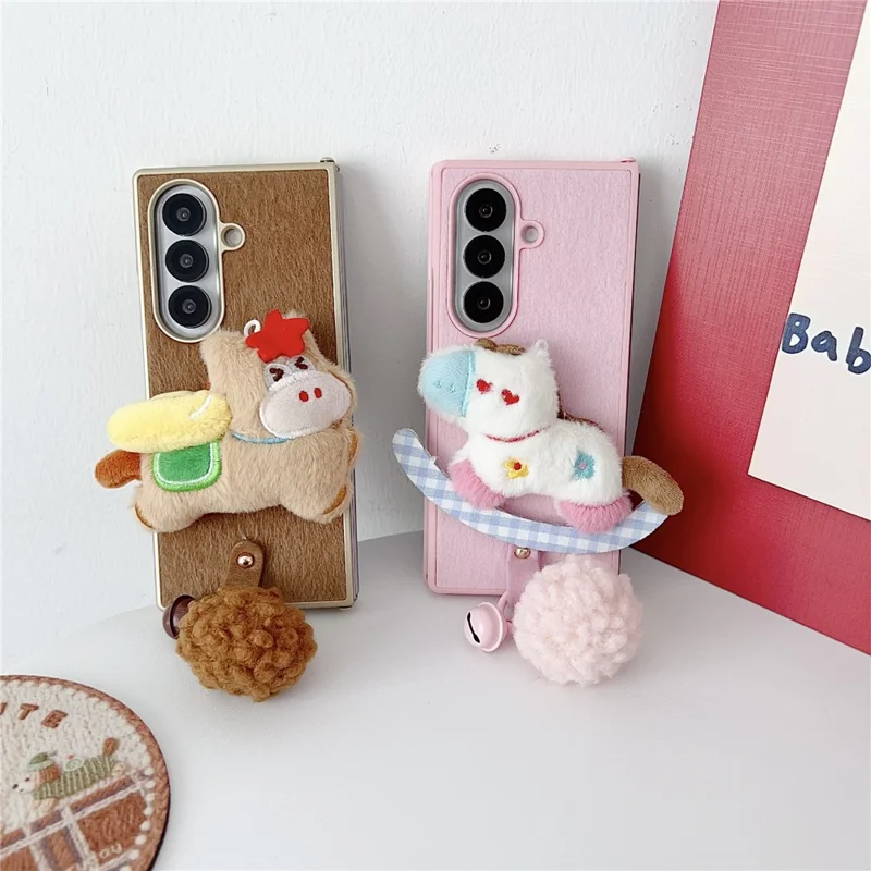 For Samsung Galaxy Z Fold7 5G Case Plush Animal TPU PC Phone Cover with Wrist Strap and Pom-pom Bell - Pink