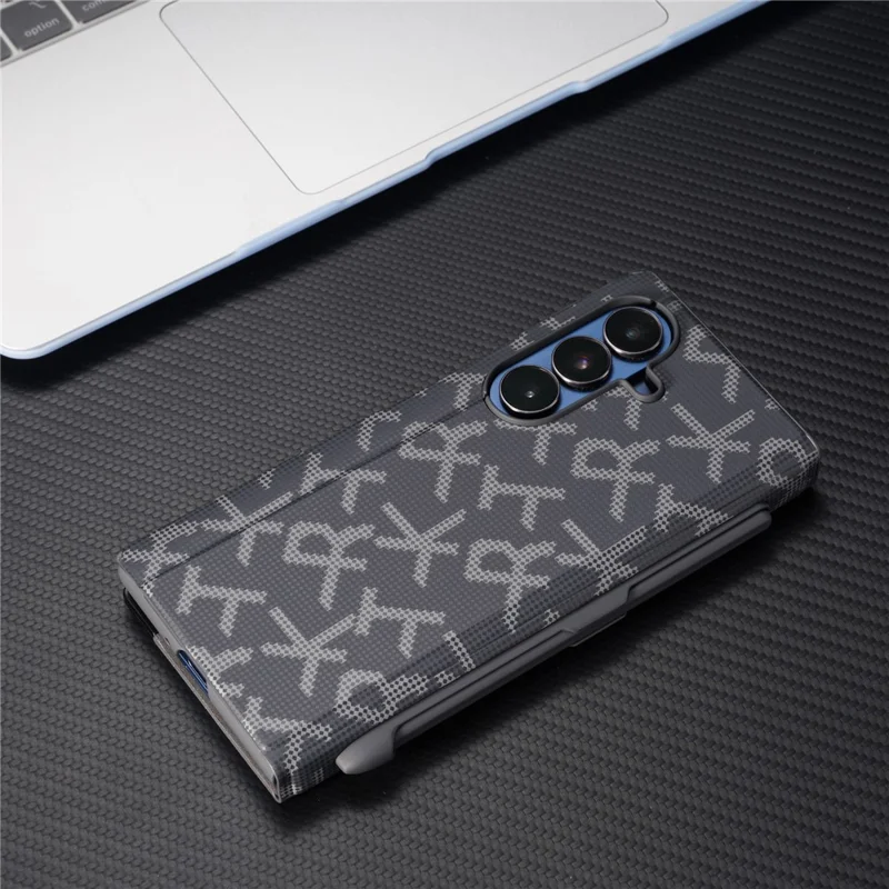For Samsung Galaxy Z Fold7 5G Case Geometric Pixel Pattern Kickstand Foldable PC Phone Cover with Stylus - Black