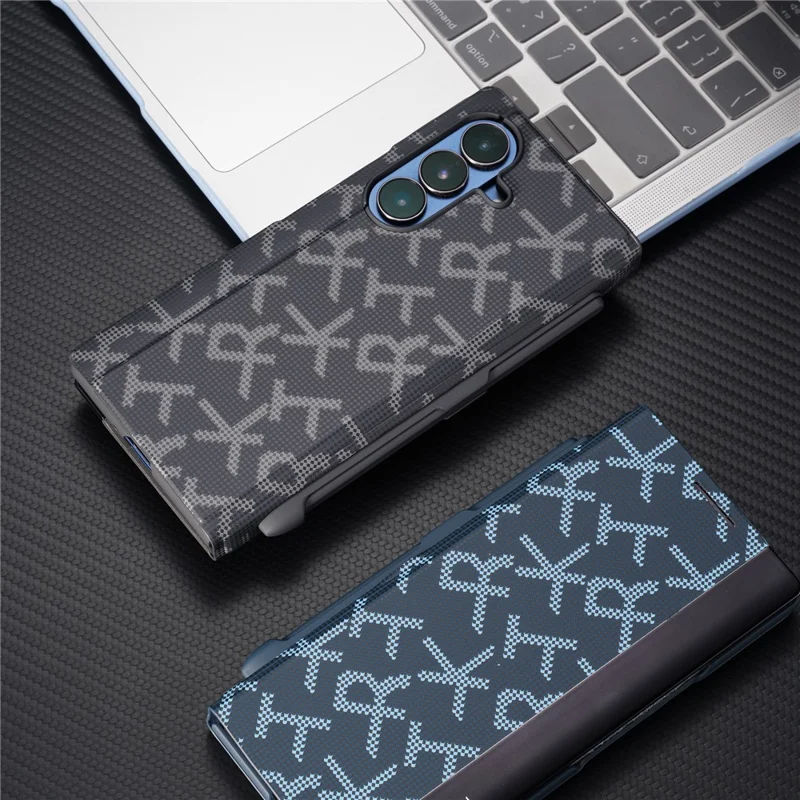 For Samsung Galaxy Z Fold7 5G Case Geometric Pixel Pattern Kickstand Foldable PC Phone Cover with Stylus - Black