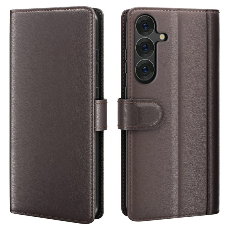 AMORUS For Samsung Galaxy S26+ Stand Cases Calf Texture Genuine Split Leather Wallet Phone Cover - Brown