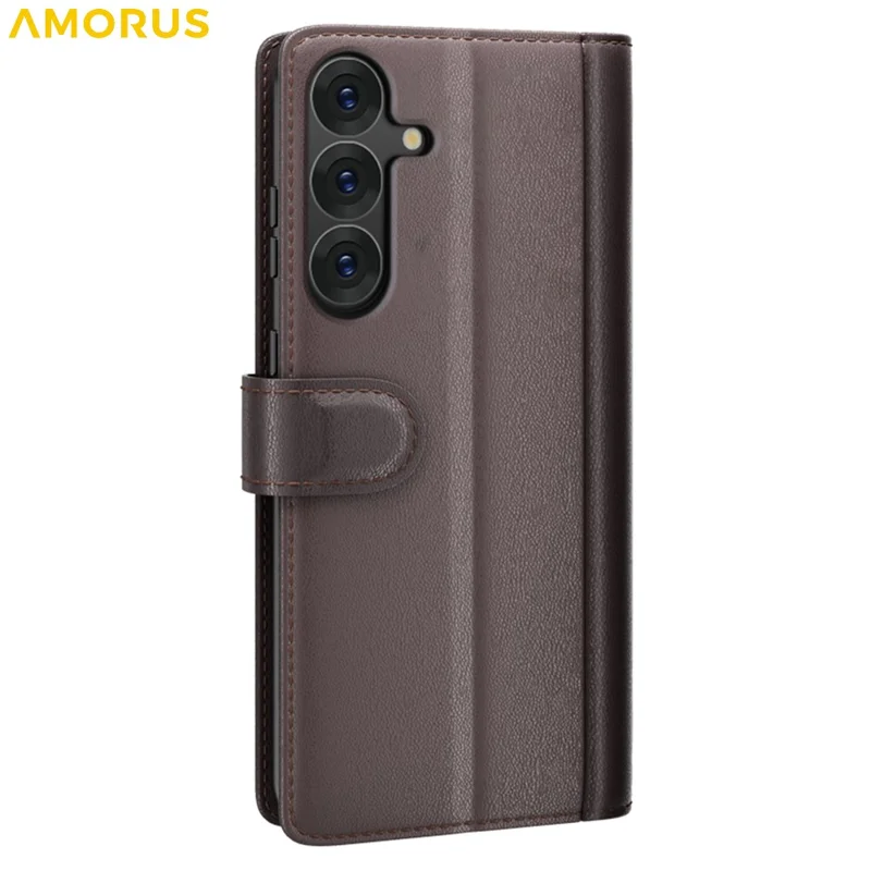 AMORUS For Samsung Galaxy S26+ Stand Cases Calf Texture Genuine Split Leather Wallet Phone Cover - Brown