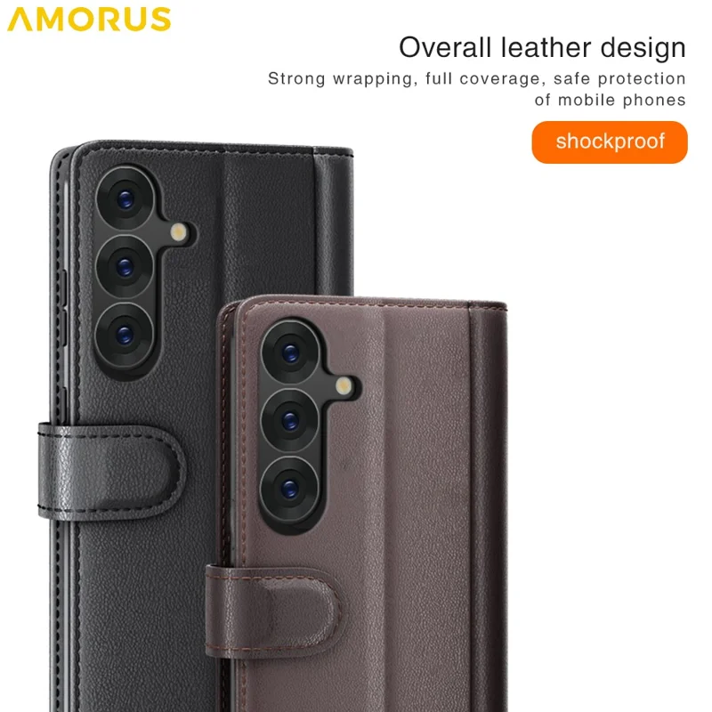 AMORUS For Samsung Galaxy S26+ Stand Cases Calf Texture Genuine Split Leather Wallet Phone Cover - Brown