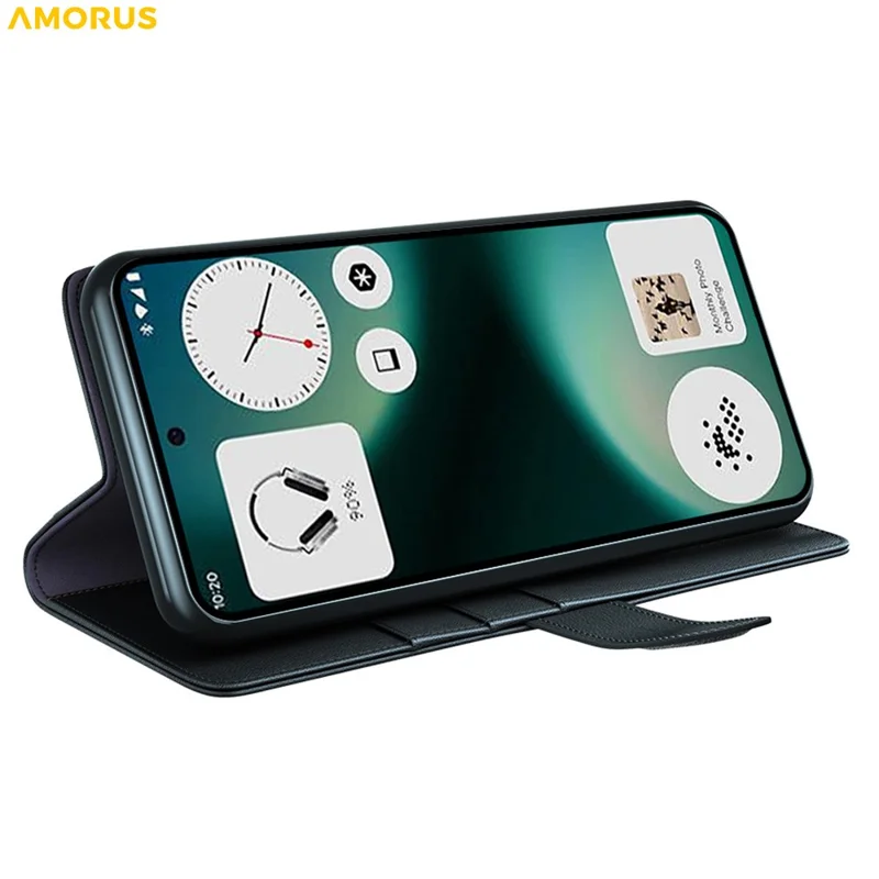 AMORUS For Nothing Phone (3a) Lite 5Ga Stand Cases Calf Texture Genuine Split Leather Wallet Phone Cover - Black