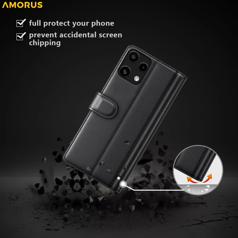 AMORUS For Nothing Phone (3a) Lite 5Ga Stand Cases Calf Texture Genuine Split Leather Wallet Phone Cover - Black