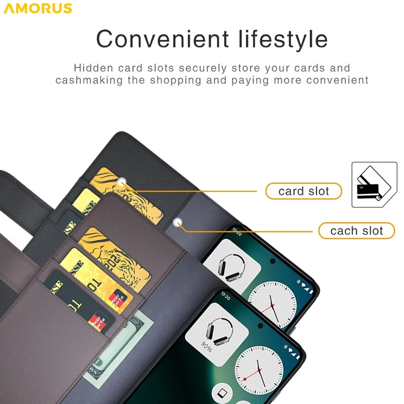AMORUS For Nothing Phone (3a) Lite 5Ga Stand Cases Calf Texture Genuine Split Leather Wallet Phone Cover - Black