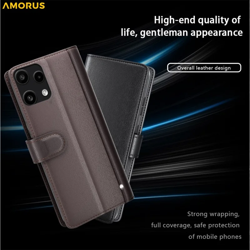 AMORUS For Nothing Phone (3a) Lite 5Ga Stand Cases Calf Texture Genuine Split Leather Wallet Phone Cover - Black
