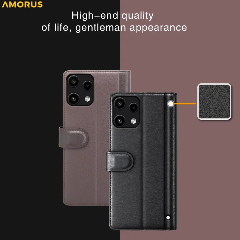 AMORUS For Nothing Phone (3a) Lite 5Ga Stand Cases Calf Texture Genuine Split Leather Wallet Phone Cover - Black