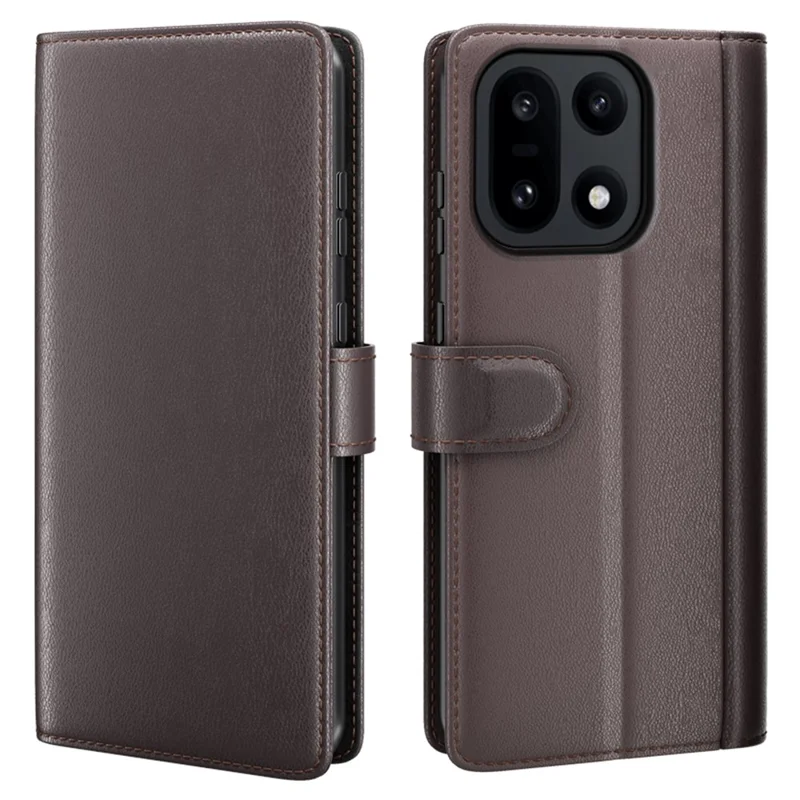 AMORUS For OnePlus 15 5G Stand Cases Calf Texture Genuine Split Leather Wallet Phone Cover - Brown