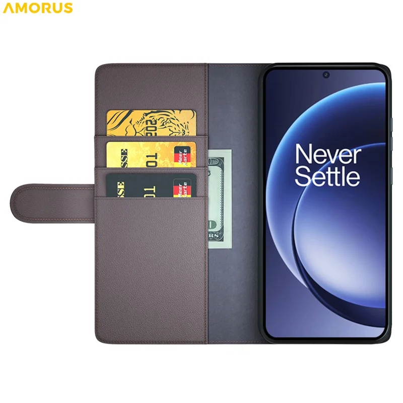 AMORUS For OnePlus 15 5G Stand Cases Calf Texture Genuine Split Leather Wallet Phone Cover - Brown