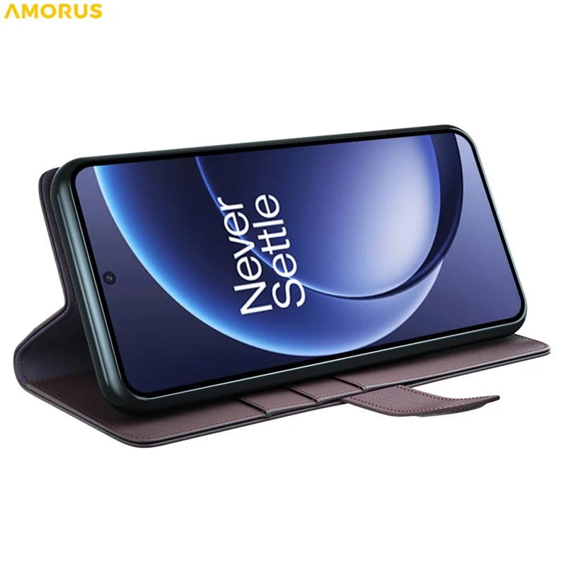 AMORUS For OnePlus 15 5G Stand Cases Calf Texture Genuine Split Leather Wallet Phone Cover - Brown