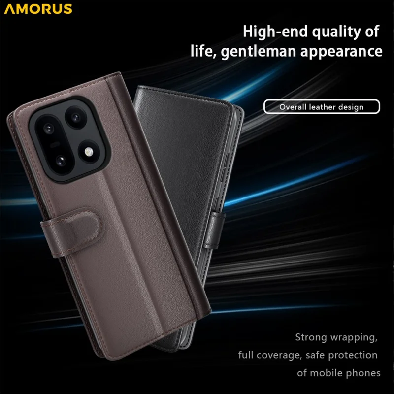 AMORUS For OnePlus 15 5G Stand Cases Calf Texture Genuine Split Leather Wallet Phone Cover - Brown