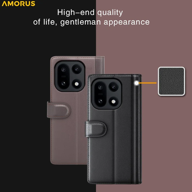 AMORUS For OnePlus 15 5G Stand Cases Calf Texture Genuine Split Leather Wallet Phone Cover - Brown