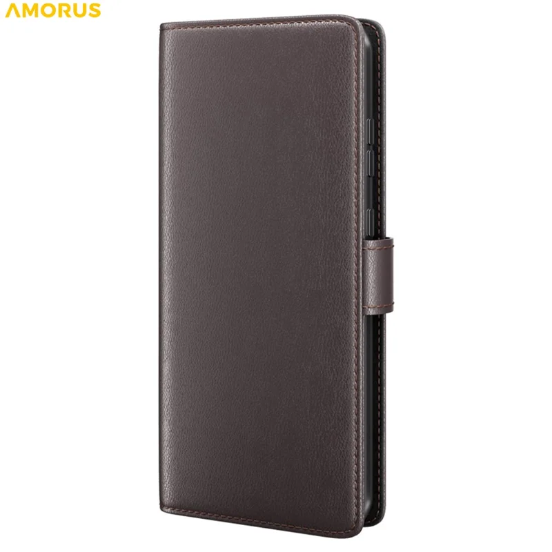 AMORUS For OnePlus 15 5G Stand Cases Calf Texture Genuine Split Leather Wallet Phone Cover - Brown
