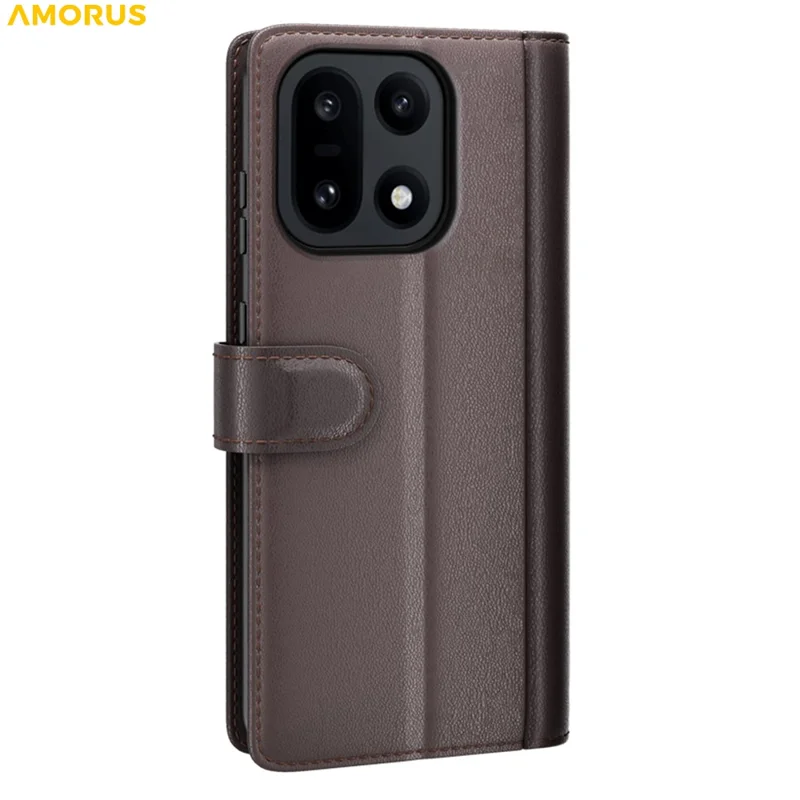 AMORUS For OnePlus 15 5G Stand Cases Calf Texture Genuine Split Leather Wallet Phone Cover - Brown