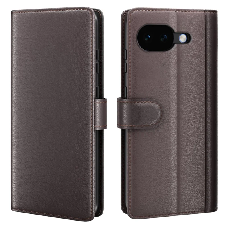 AMORUS For Google Pixel 10a Stand Cases Calf Texture Genuine Split Leather Wallet Phone Cover - Brown