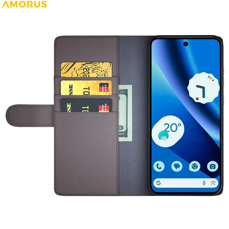 AMORUS For Google Pixel 10a Stand Cases Calf Texture Genuine Split Leather Wallet Phone Cover - Brown