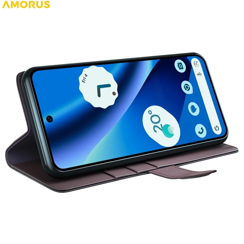 AMORUS For Google Pixel 10a Stand Cases Calf Texture Genuine Split Leather Wallet Phone Cover - Brown