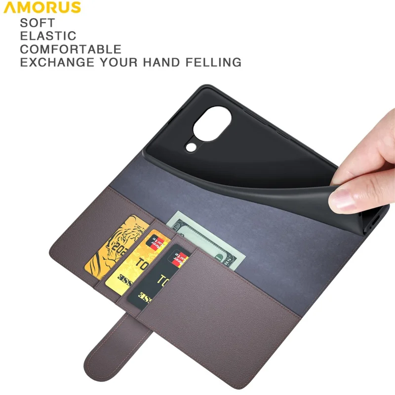 AMORUS For Google Pixel 10a Stand Cases Calf Texture Genuine Split Leather Wallet Phone Cover - Brown