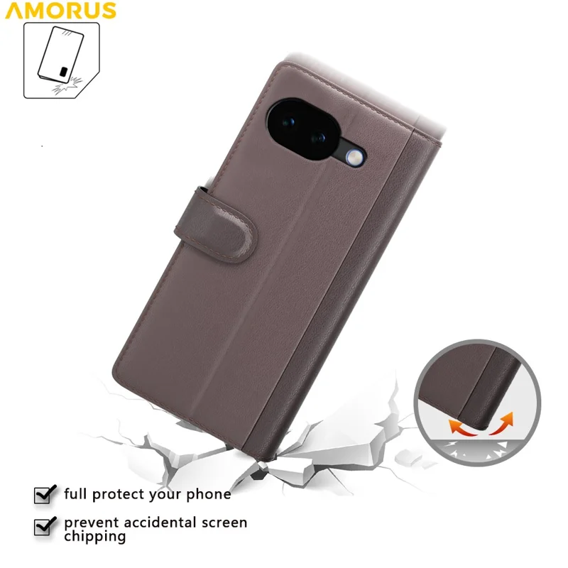 AMORUS For Google Pixel 10a Stand Cases Calf Texture Genuine Split Leather Wallet Phone Cover - Brown