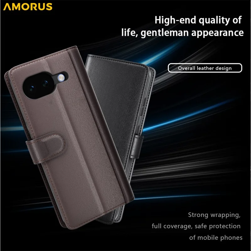 AMORUS For Google Pixel 10a Stand Cases Calf Texture Genuine Split Leather Wallet Phone Cover - Brown