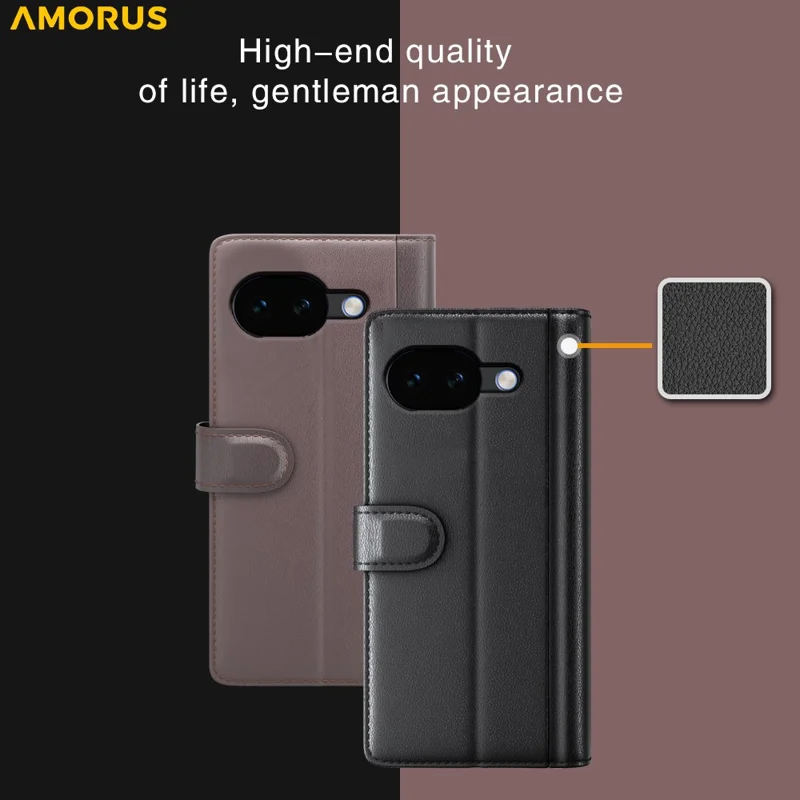 AMORUS For Google Pixel 10a Stand Cases Calf Texture Genuine Split Leather Wallet Phone Cover - Brown