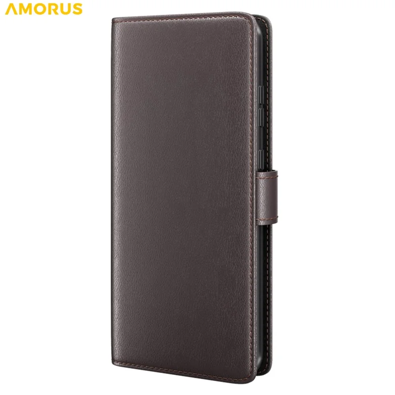 AMORUS For Google Pixel 10a Stand Cases Calf Texture Genuine Split Leather Wallet Phone Cover - Brown