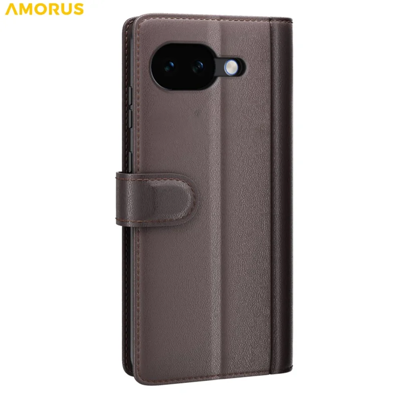 AMORUS For Google Pixel 10a Stand Cases Calf Texture Genuine Split Leather Wallet Phone Cover - Brown