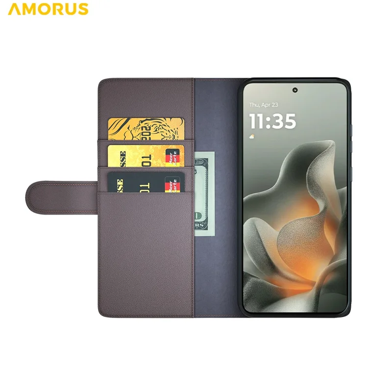 AMORUS For Motorola Edge 70 5G Stand Cases Calf Texture Genuine Split Leather Wallet Phone Cover - Brown