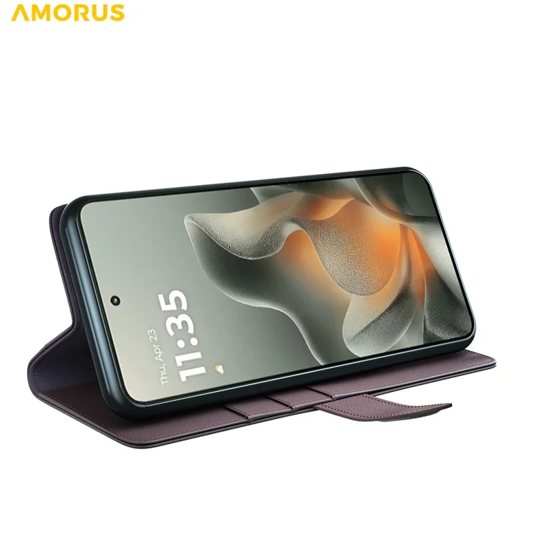 AMORUS For Motorola Edge 70 5G Stand Cases Calf Texture Genuine Split Leather Wallet Phone Cover - Brown