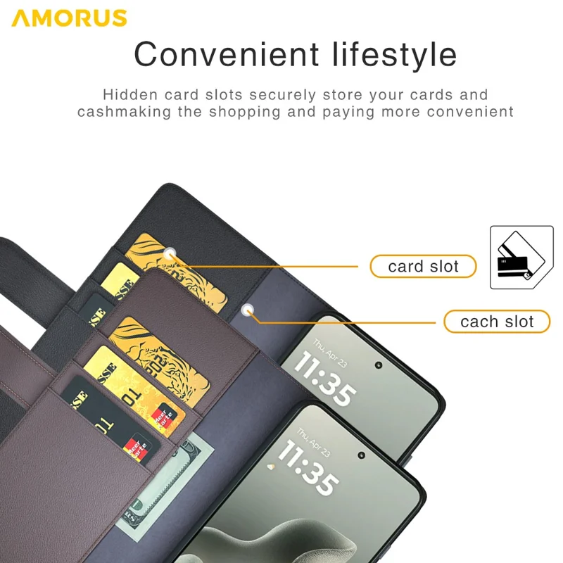 AMORUS For Motorola Edge 70 5G Stand Cases Calf Texture Genuine Split Leather Wallet Phone Cover - Brown