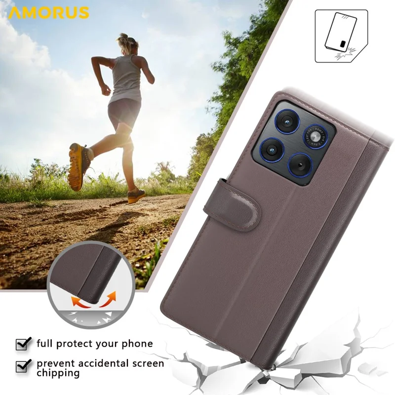 AMORUS For Motorola Edge 70 5G Stand Cases Calf Texture Genuine Split Leather Wallet Phone Cover - Brown