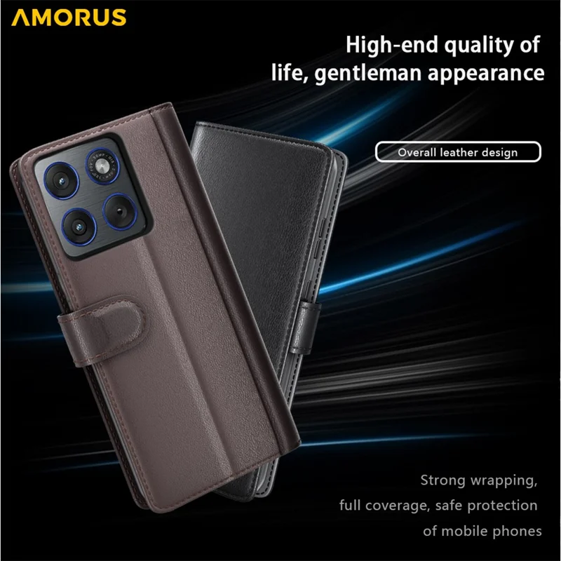 AMORUS For Motorola Edge 70 5G Stand Cases Calf Texture Genuine Split Leather Wallet Phone Cover - Brown