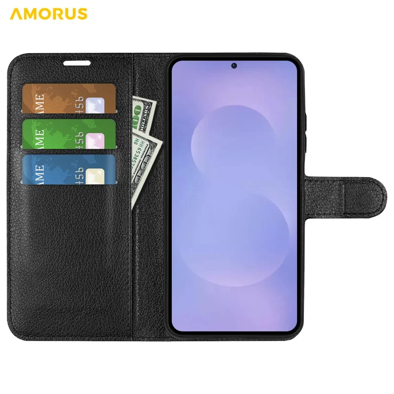 AMORUS For Samsung Galaxy S26+ Wallet Case Litchi Texture Shockproof Leather Flip Stand Phone Cover - Black