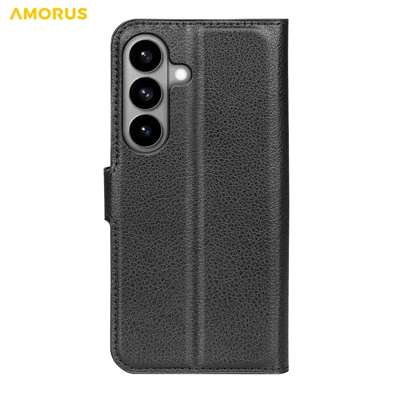 AMORUS For Samsung Galaxy S26+ Wallet Case Litchi Texture Shockproof Leather Flip Stand Phone Cover - Black