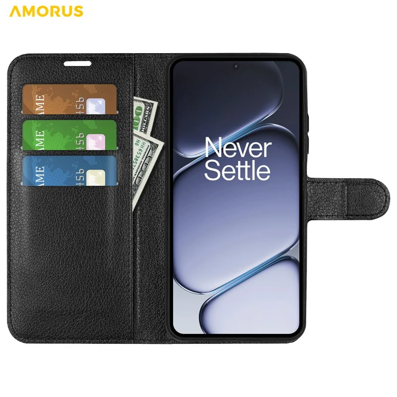 AMORUS For OnePlus Ace 6 5G Wallet Case Litchi Texture Shockproof Leather Flip Stand Phone Cover - Black
