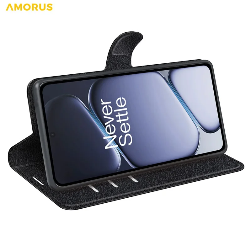 AMORUS For OnePlus Ace 6 5G Wallet Case Litchi Texture Shockproof Leather Flip Stand Phone Cover - Black