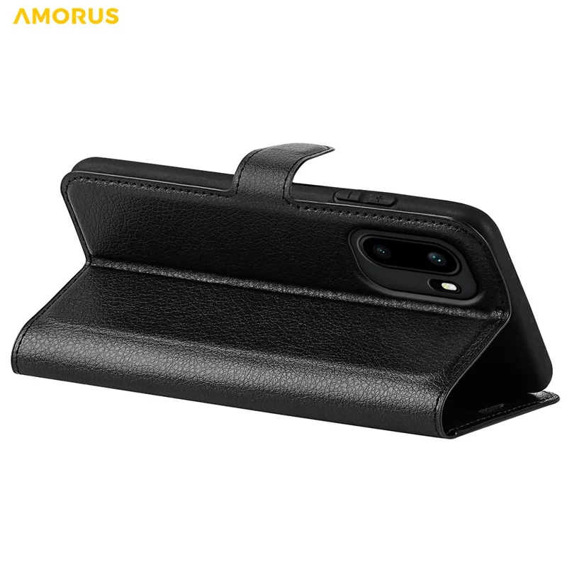 AMORUS For OnePlus Ace 6 5G Wallet Case Litchi Texture Shockproof Leather Flip Stand Phone Cover - Black