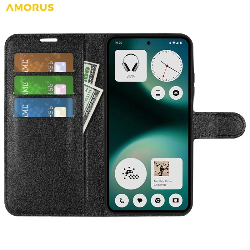AMORUS For Nothing Phone (3a) Lite 5G Wallet Case Litchi Texture Shockproof Leather Flip Stand Phone Cover - Black